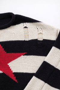 Distressed cotton knit detailing on striped Suss Knits star sweater