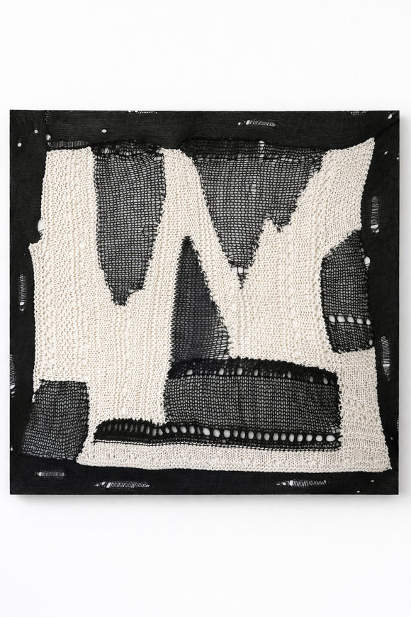 Large abstract textile wall art in black and cream, hand loomed knit and mesh composition with varied yarn textures and dimensional stitching, made in Los Angeles by Suss Knits