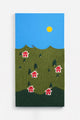 Handmade textile wall art featuring a knitted boucle wool landscape with embroidered trees and houses on an acrylic painted background