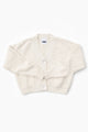 Suss Knits textured hand loomed cardigan flat lay front view in recycled cotton and big shell buttons