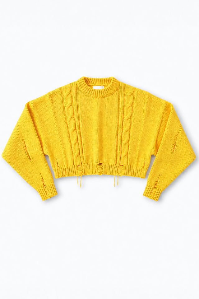 Suss Knits, yellow, cotton wool blend cropped crewneck sweater with cables and distressing, knit Los Angeles