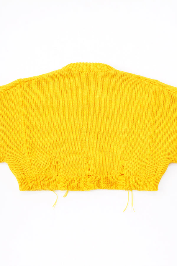 Back of the bright yellow hand loomed, cropped yellow sweater