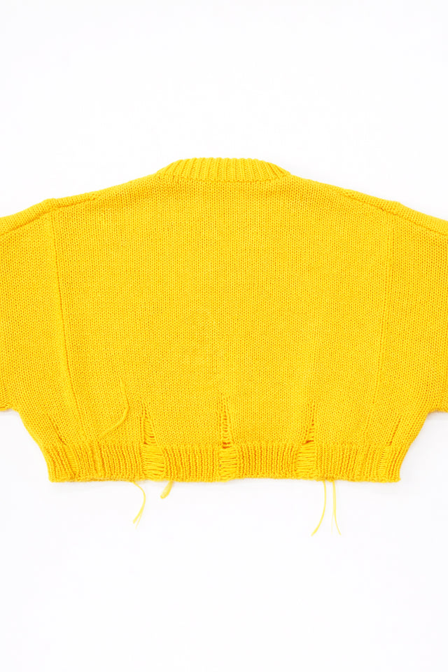 Back of the bright yellow hand loomed, cropped yellow sweater