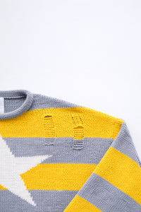Striped Star Distressed Knit Sweater – Yellow & Grey