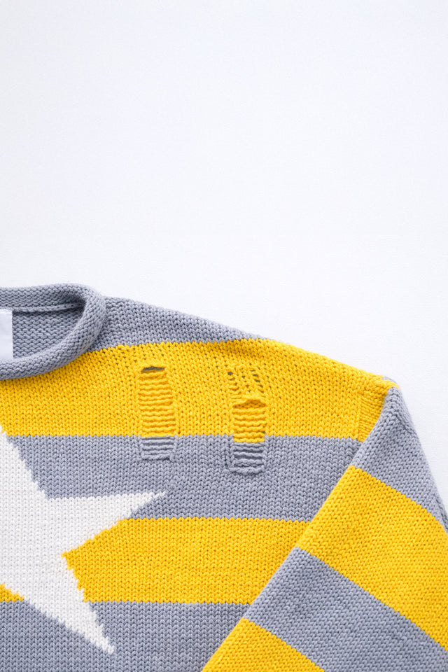 Striped Star Distressed Knit Sweater – Yellow & Grey
