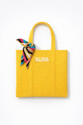 Yellow knit tote bag with multistripe knit scarf flat lay, hand loomed in recycled cotton by Suss Knits
