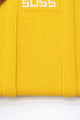 Close up of yellow knit tote bag texture and stitching detail in recycled cotton by Suss Knits