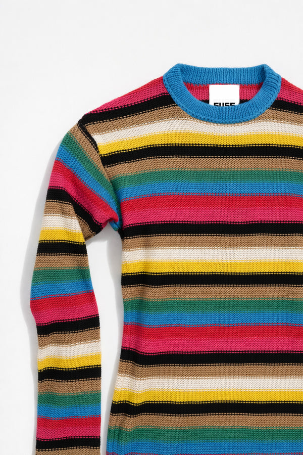 Close up of sleeve and upper body of striped knit dress showing fitted sleeve and knit