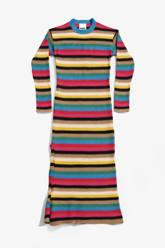 Hand loomed multi stripe knit dress flat lay front view with long sleeves and crewneck in recycled cotton