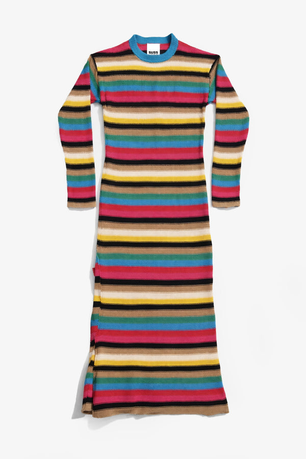 Hand loomed multi stripe knit dress flat lay front view with long sleeves and crewneck in recycled cotton