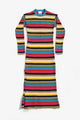 Hand loomed multi stripe knit dress flat lay front view with long sleeves and crewneck in recycled cotton
