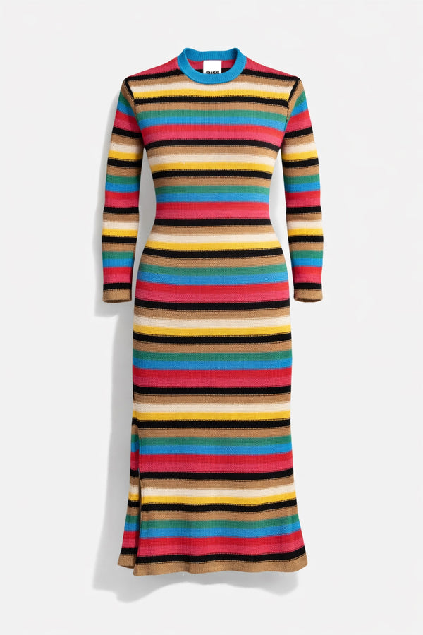 Multi stripe knit dress shown on invisible mannequin with shaped waist and long length silhouette
