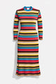 Multi stripe knit dress shown on invisible mannequin with shaped waist and long length silhouette