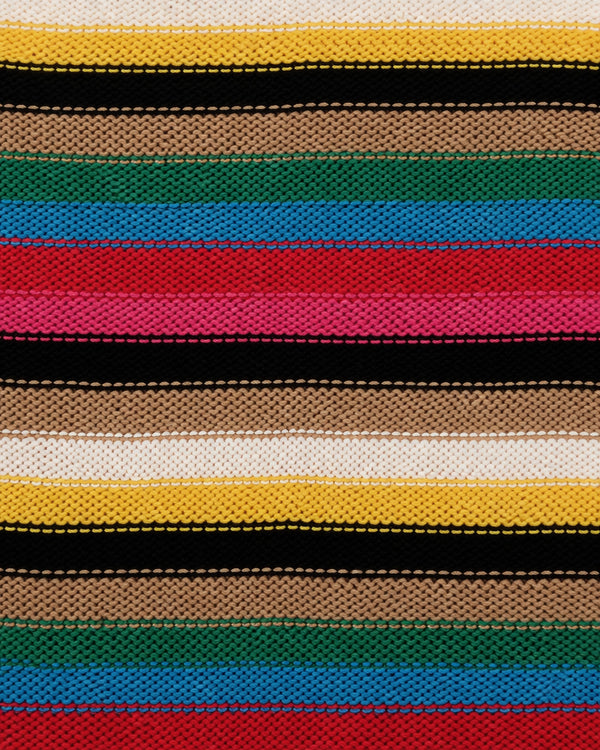 Macro close up of colorful striped knit texture in recycled cotton showing stitch detail