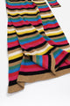 Close up of side slit and drape of multi stripe knit dress showing movement and knit structure