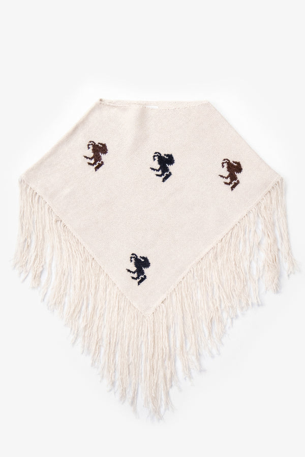 suss knits cream horse motif knit poncho front view with long fringe