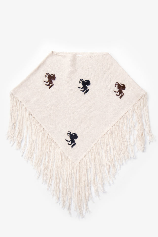 suss knits cream horse motif knit poncho front view with long fringe