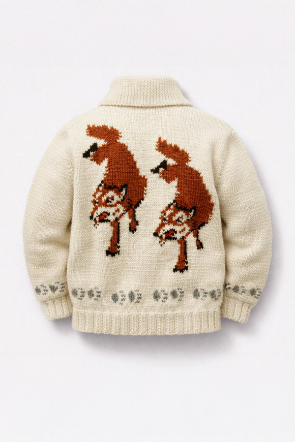 vintage fox intarsia wool cardigan zip sweater cream hand knit back flat lay
