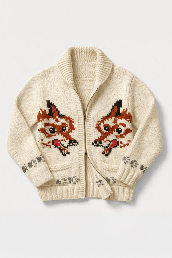 vintage fox intarsia wool cardigan zip sweater cream hand knit front flatlay